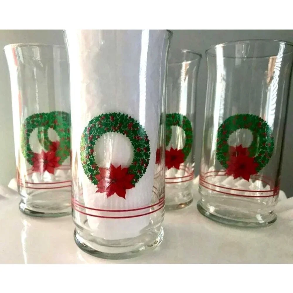 4 Libbey glasses Christmas Wreath Poinsettia VTG clear drinking glasses Vintage